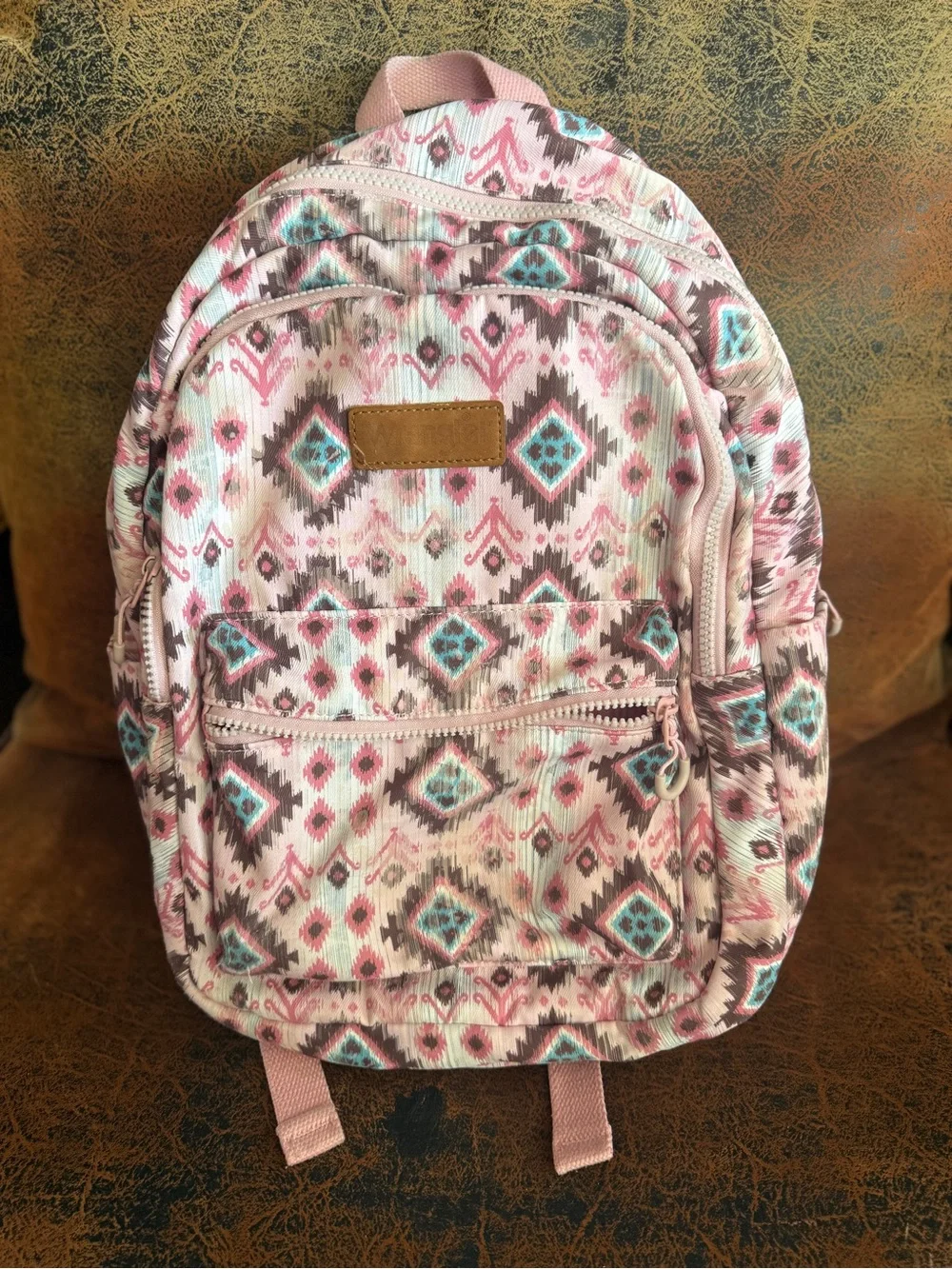Wrangler Pink Aztec Print Backpack with Teal Accents